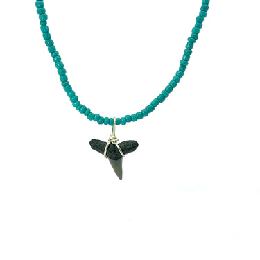 Dark Turquoise Colored Beaded Shark Tooth Necklace