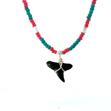 Turquoise and Hot Pink Beaded Shark Tooth Necklace