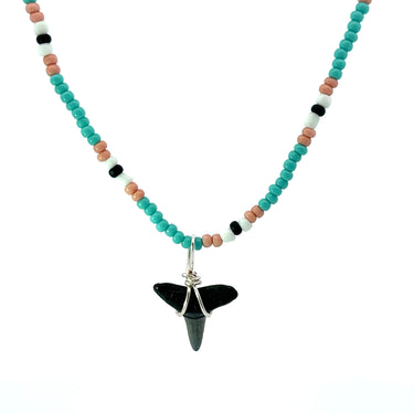 Turquoise and Dusty Rose Beaded Shark Tooth Necklace