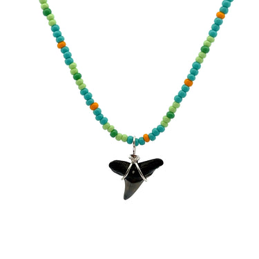 Blue and Lime Green Beaded Shark Tooth Necklace